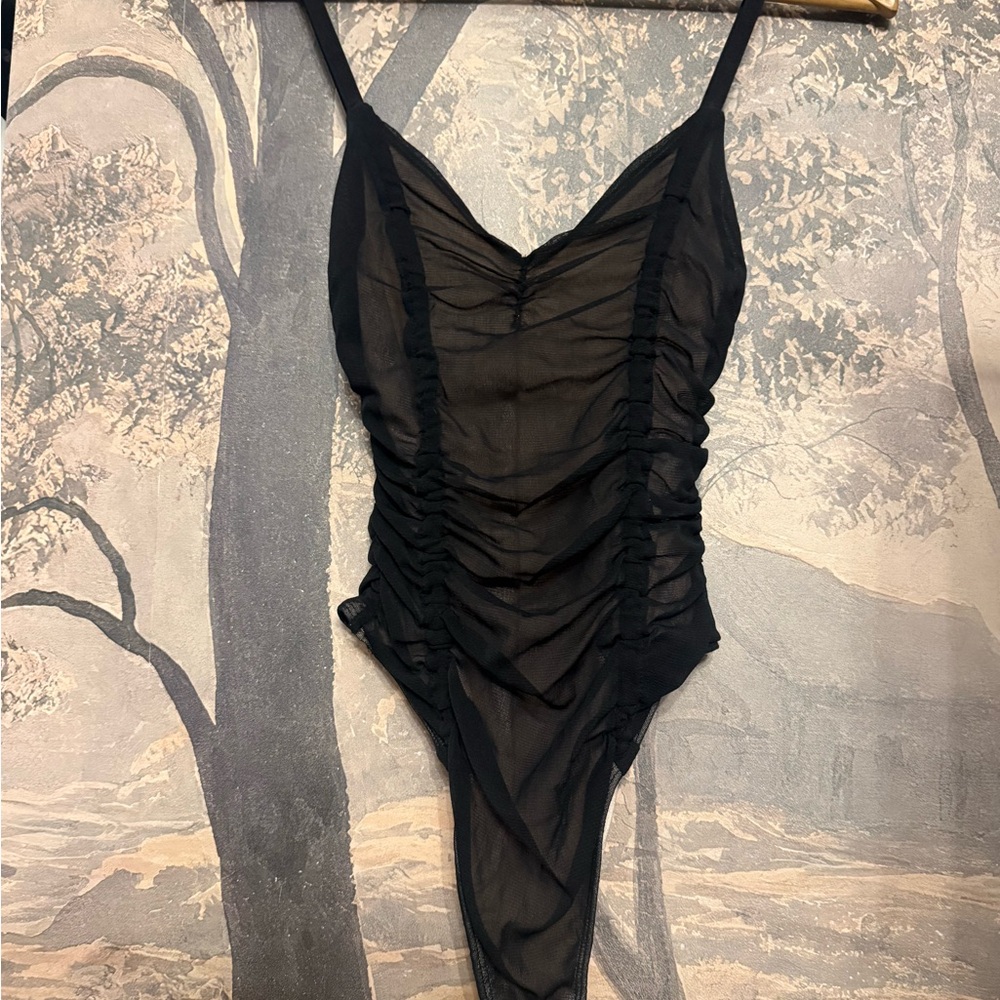 Sheer Black Ruched One-Piece Bodysuit